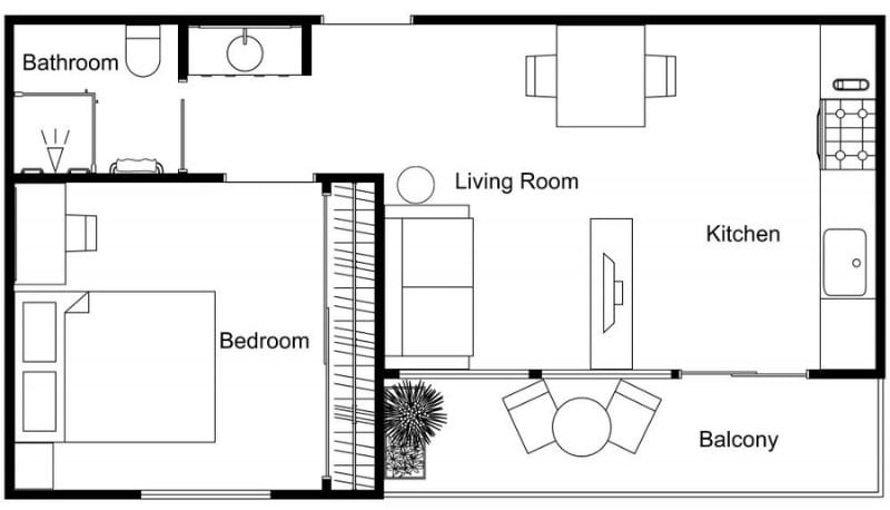 Retirement home floor plan in black and white.
