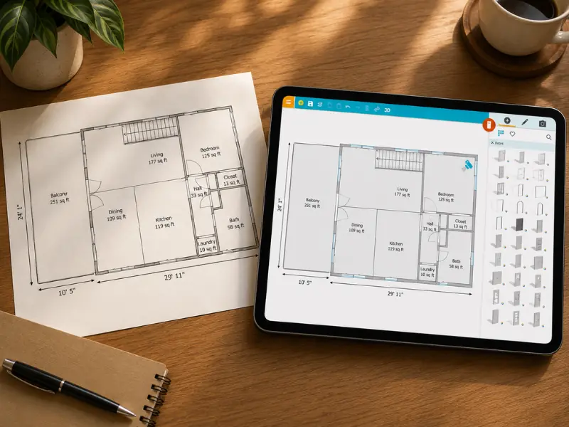 A digital floor plan on an iPad next to the paper version of the floor plan.