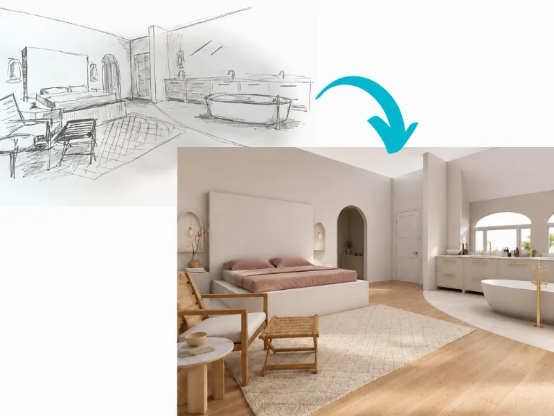 Split image showing a hand-drawn concept sketch of a bedroom and open bathroom above a finished 3D rendering of the design. A turquoise arrow points from the sketch to the completed space, which features a platform bed, seating area, light wood flooring, arched doorways and windows, and a freestanding bathtub.