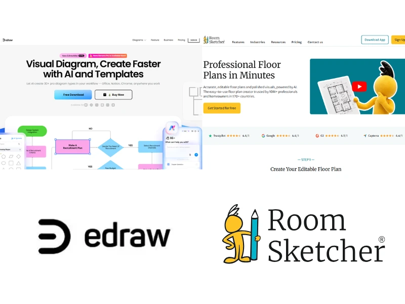 EdrawMax vs RoomSketcher. The image compares the two software tools' websites. On the left side of the image is a screenshot of EdrawMax's home page. Below the screenshot is the EdrawMax's logo. On the right side of the image is a screenshot of RoomSketcher's home page. Below the screenshot is the RoomSketcher logo.