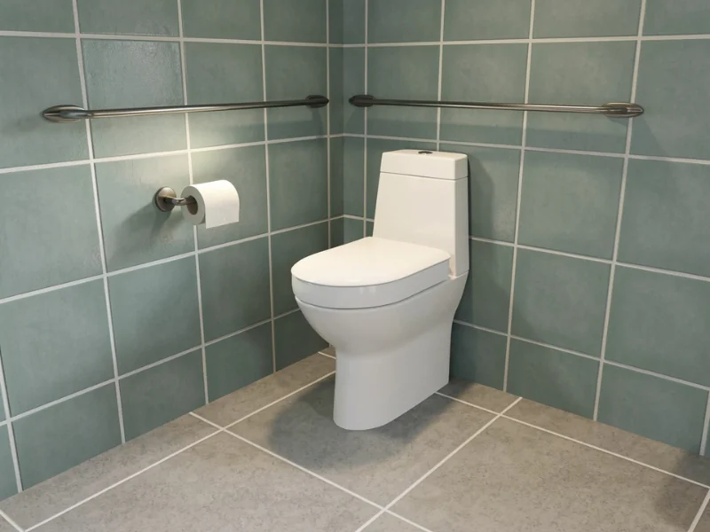 3D rendering of an accessible bathroom corner with a white toilet, blue-green tiled walls, gray floor tiles, stainless-steel grab bars on both walls, and a wall-mounted toilet paper holder.