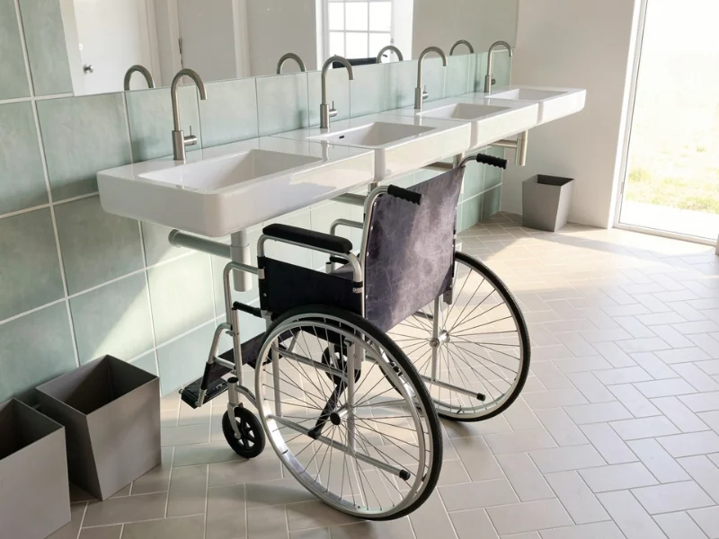 3D rendering of an accessible restroom with two wheelchairs positioned at a long, wheelchair-height counter featuring four rectangular sinks and wall-mounted faucets. A large mirror spans the tiled wall, with waste bins below and bright natural light entering through a glass door.