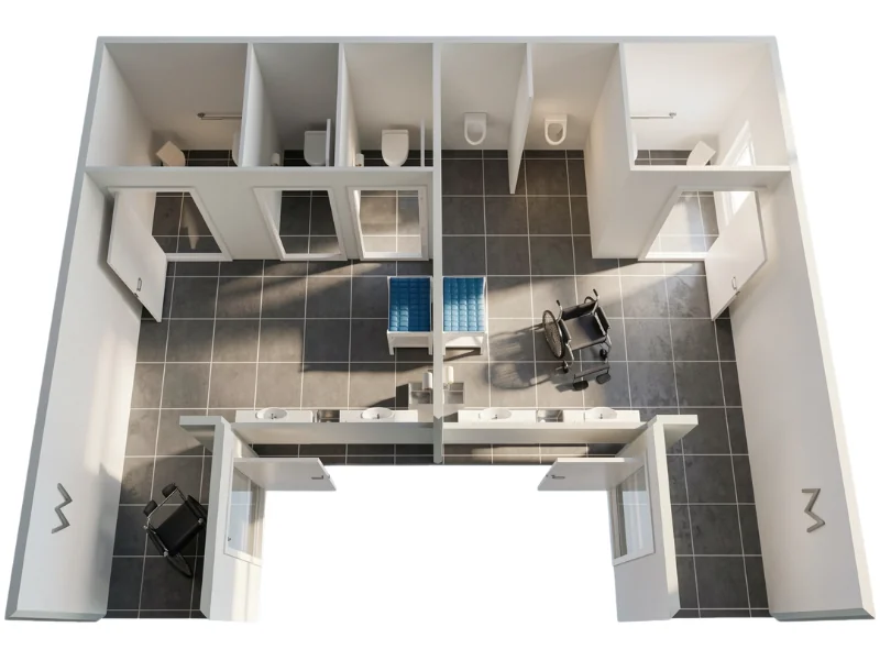 Top-down 3D rendering of a public accessible restroom with multiple toilet stalls, urinals, a long central sink counter, dark gray floor tiles, blue benches, and two wheelchairs positioned in the open circulation areas.