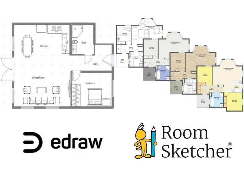 EdrawMax vs RoomSketcher. The image compares the 2D floor plans of the two software tools. On the left side of the image is a 2D floor plan made with EdrawMax. It shows a 1-bedroom apartment with an open kitchen/dining/living area, one bathroom, and a hallway. Below the floor plan is the EdrawMax logo. On the right side of the image is a selection of 2D floor plans made with RoomSketcher, showing the different types you can create: black-and-white, standard, materials, and color-coded. Below the floor plans is the RoomSketcher logo,