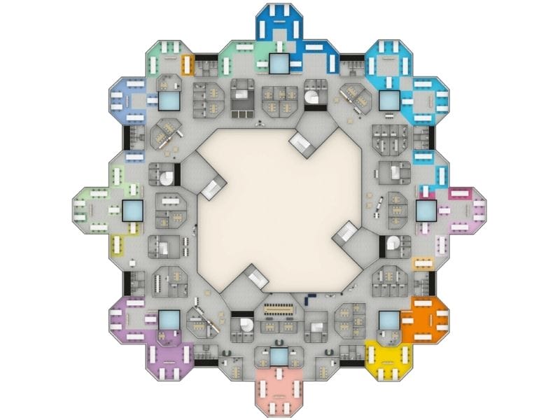 3D commercial floor plan with a circular layout featuring color-coded office sections around a central open atrium. Each section includes workstations, meeting rooms, and breakout areas, highlighted in different colors for easy identification.