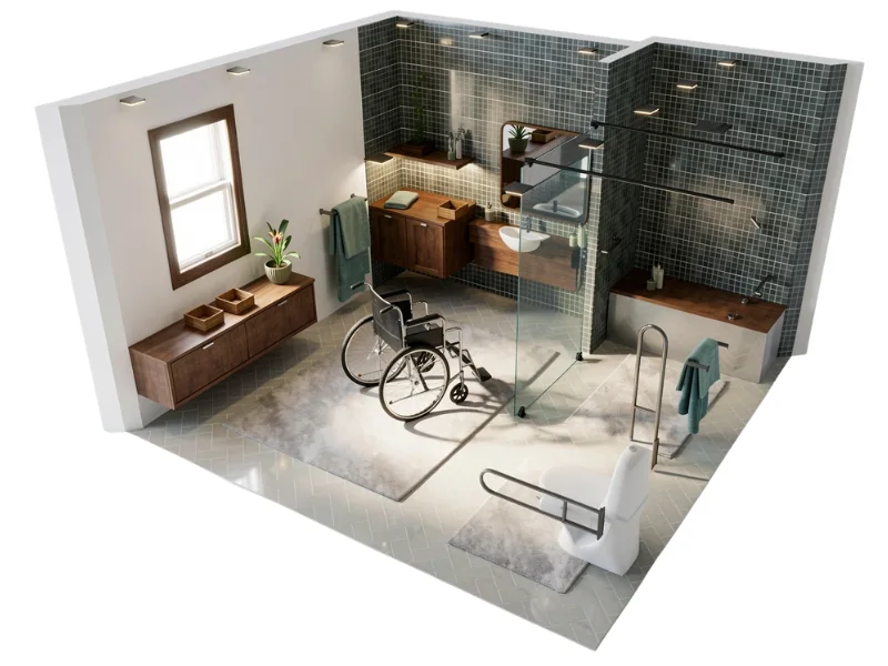 3D rendering of a spacious accessible bathroom with a wheelchair, open glass shower, wall-mounted sink and wooden cabinetry, bathtub, and toilet with grab bars. Gray mosaic wall tiles, light flooring, towels, rugs, and a large window complete the room.