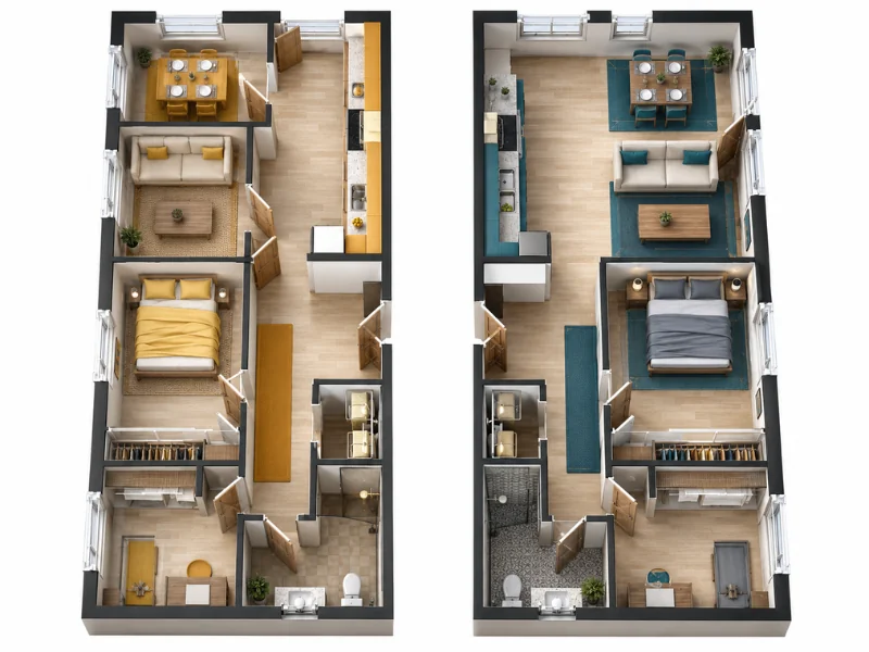 Top-down comparison of two long, narrow apartment layouts. Each includes an open dining and living area, galley kitchen, bedroom, walk-through closet, bathroom, and a small office or utility room, with one design using warm yellow accents and the other using teal and gray furnishings.
