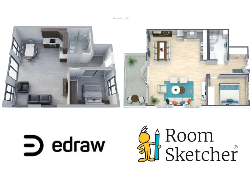 EdrawMax vs RoomSketcher. The image compares 3D floor plans. On the left side of the image is a 3D floor plan made with EdrawMax and decorated with their AI tool. It shows a 1-bedroom, 1-bathroom apartment with an open kitchen/dining/living room. Below the floor plan is the EdrawMax logo. On the right side of the image is a 3D floor plan made with RoomSketcher. It shows a 1-bedroom, 1-bathroom apartment with an open kitchen/dining/living room. Below the floor plan is the RoomSketcher logo.