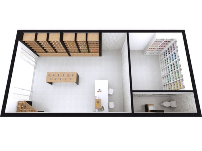 Cedreo 3D commercial floor plan of a small retail store with three sections: a main shop area with display tables and wooden shelving, a storage room with organized wall shelves, and a back room with a restroom and sink.