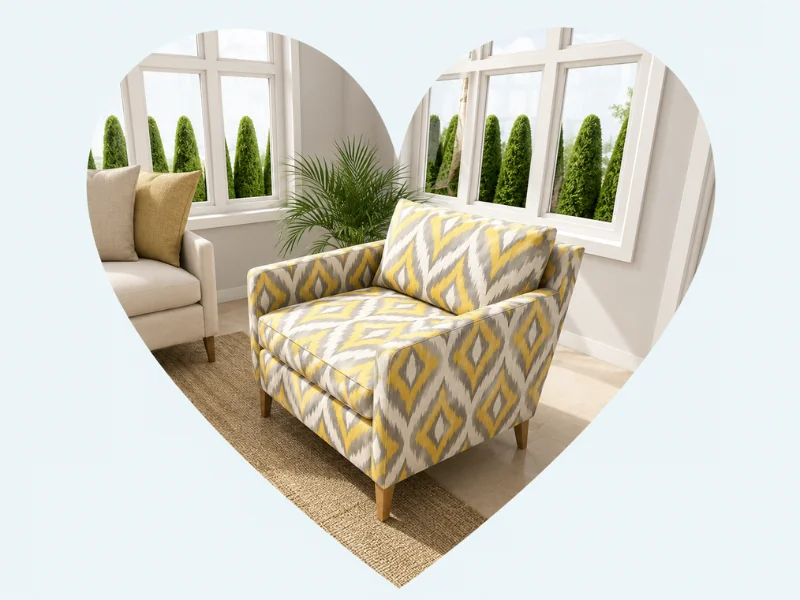 Heart-shaped image of a bright sitting area featuring a patterned armchair in yellow, gray, and white, with large windows, green shrubs outside, a potted palm, and a neutral chair in the background.