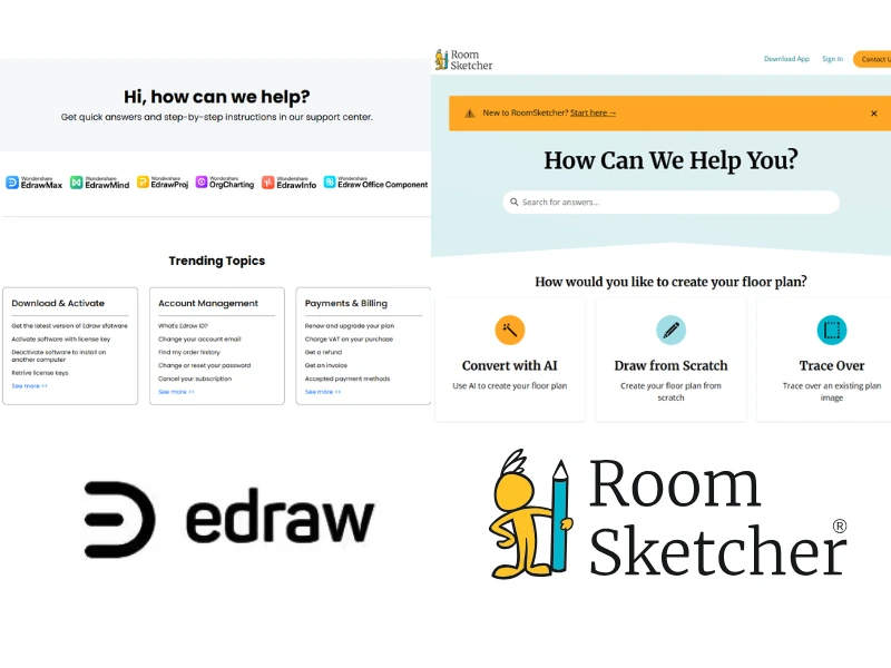 EdrawMax vs RoomSketcher. The image shows a comparison of the help centers for the two floor plan software tools. On the left side of the image is a screenshot of EdrawMax's help center. Below the screenshot is the EdrawMax logo. On the right side of the image is a screenshot of RoomSketcher's help center. Below the screenshot is the RoomSketcher logo.