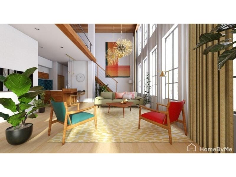 3D photo from HomeByMe of a modern office with double-height windows, wooden accents, and colorful mid-century furniture. The space features a green sofa, red and teal chairs, a round coffee table, large indoor plants, and a statement chandelier above a patterned rug.