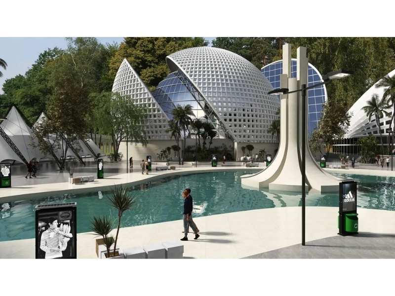 Homestyler futuristic architectural scene with dome-shaped glass buildings surrounded by trees and a large reflecting pool. People walk along the waterfront promenade with modern seating, greenery, and branded advertising displays.
