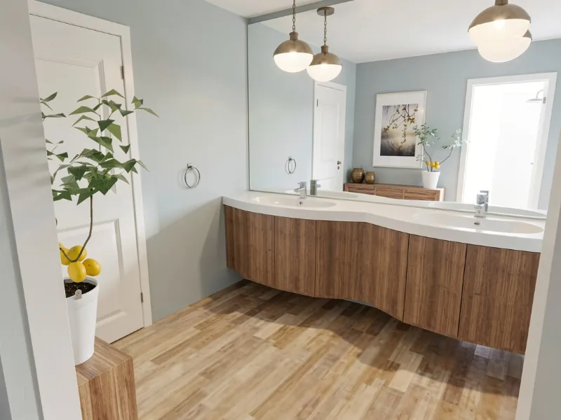 Photorealistic AI render of a bathroom with a curved double vanity, large mirror, light blue walls, and wood flooring.