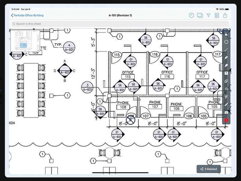 magicplan 2D commercial floor plan of an office. It shows 7 smaller rooms for offices, and one big break room.