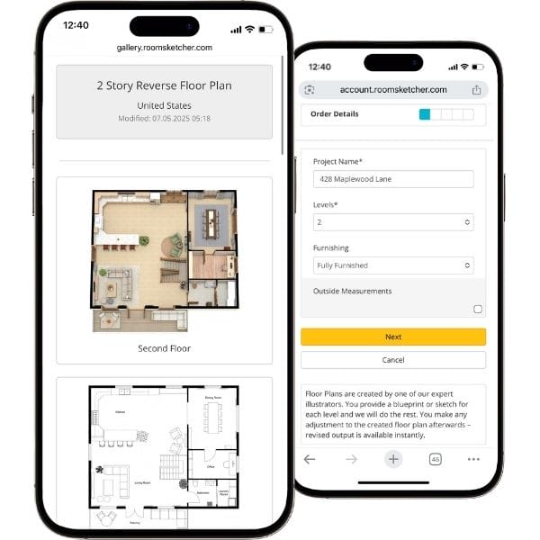 RoomSketcher web account interface shown on two mobile phones. The left screen displays a two-story floor plan project with preview images of each floor, while the right screen shows the order form with fields for project name, levels, and furnishing options.