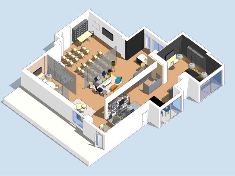 SketchUp 3D commercial floor plan with open work areas, a large conference room, lounge seating, and private offices. The layout includes collaborative zones with glass partitions, modern desks, and meeting spaces designed for flexible workplace use.