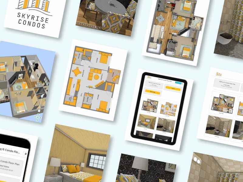 Examples of branded 2D and 3D Floor Plans using RoomSketcher, featuring a consistent color palette, logo, and custom letterhead for Skyrise Condos.