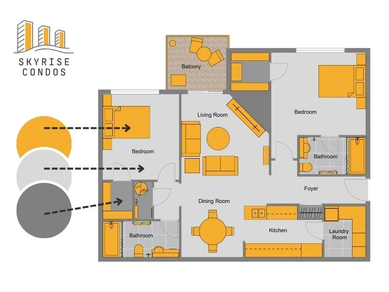Branded 2D Floor Plan for Skyrise Condos showing logo, custom color palette, and labeled rooms including kitchen, bedrooms, bathrooms, and balcony.