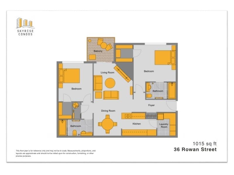 2D floor plan of a 1015 sq ft condo at 36 Rowan Street, branded with the Skyrise Condos logo. The layout includes two bedrooms, two bathrooms, a living room, dining room, kitchen, laundry room, and a balcony. Furniture and fixtures are highlighted in orange, and each room is clearly labeled. The design is shown in a clean, top-down view with a neutral background.