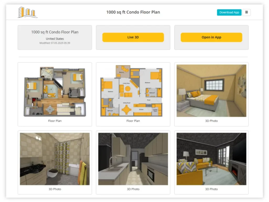 Screenshot of a project page titled "1000 sq ft Condo Floor Plan" showing various visual outputs. The top row features a 3D floor plan, a 2D floor plan, and a 3D bedroom rendering. The bottom row displays three additional 3D Photos: a bathroom with patterned shower curtain, a modern kitchen with gray cabinets, and a living room with yellow and gray decor. Buttons at the top offer options to view in Live 3D or open the project in the app.