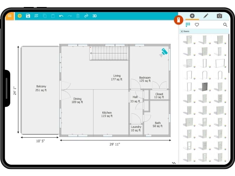 RoomSketcher app displayed on an iPad, showing a 2D floor plan with labeled room dimensions and a right-side panel open to a selection of door types.
