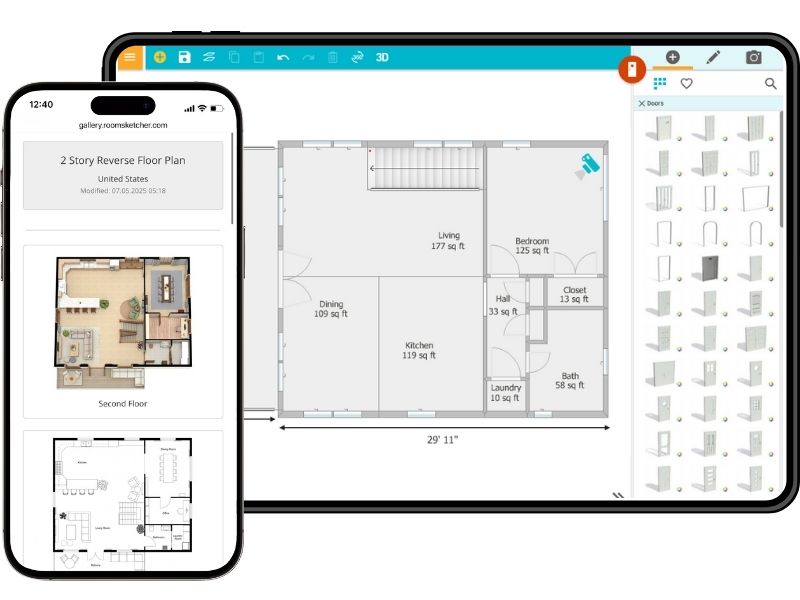 Mobile and tablet view of the RoomSketcher app. The tablet displays a 2D floor plan with room labels, while the phone shows a project gallery with floor plan previews.