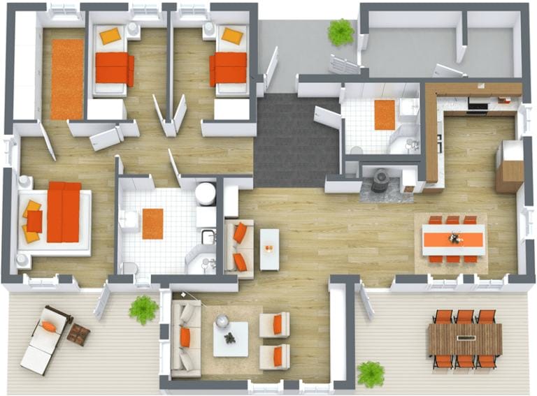 3D floor plan of a modern single-story home with three bedrooms, two bathrooms, a spacious open-plan kitchen and dining area, a cozy living room, and two outdoor patios. The interior features orange accents throughout the furniture and decor.