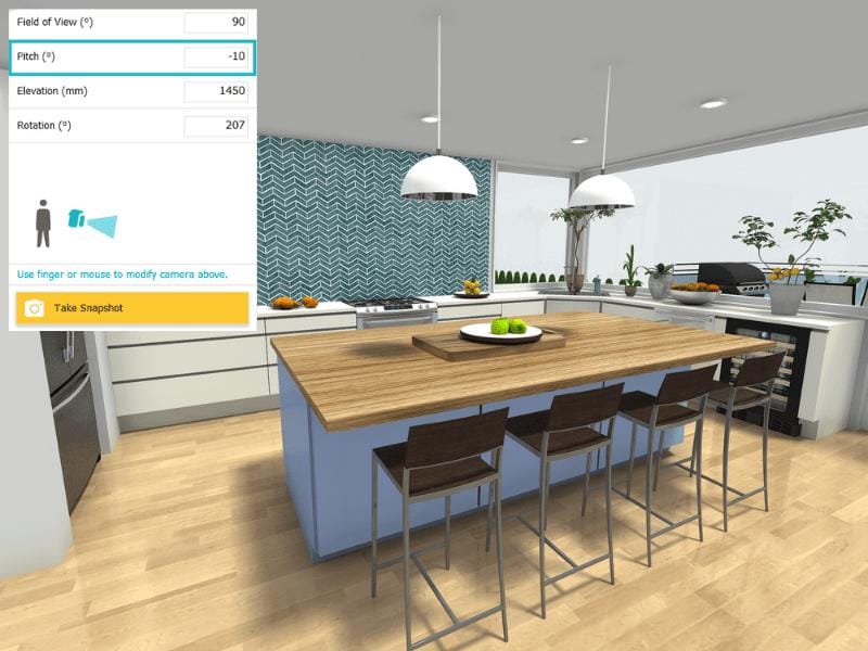 3D rendered image of a contemporary kitchen interior with a user interface panel on the left displaying camera settings like pitch, elevation, and rotation.