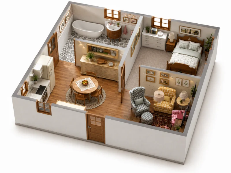 Isometric 3D floor plan of a compact one-bedroom home, showing an open kitchen and dining area, a cozy living room, a bedroom with a double bed and dresser, and a bathroom with a freestanding tub and vanity. The interior features warm wood flooring, patterned bathroom tiles, traditional furniture, framed wall art, plants, and multiple windows.