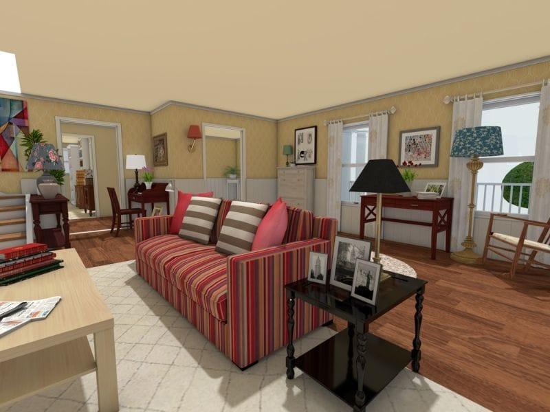 Lorelai's living room from Gilmore Girls rendered in 3D.