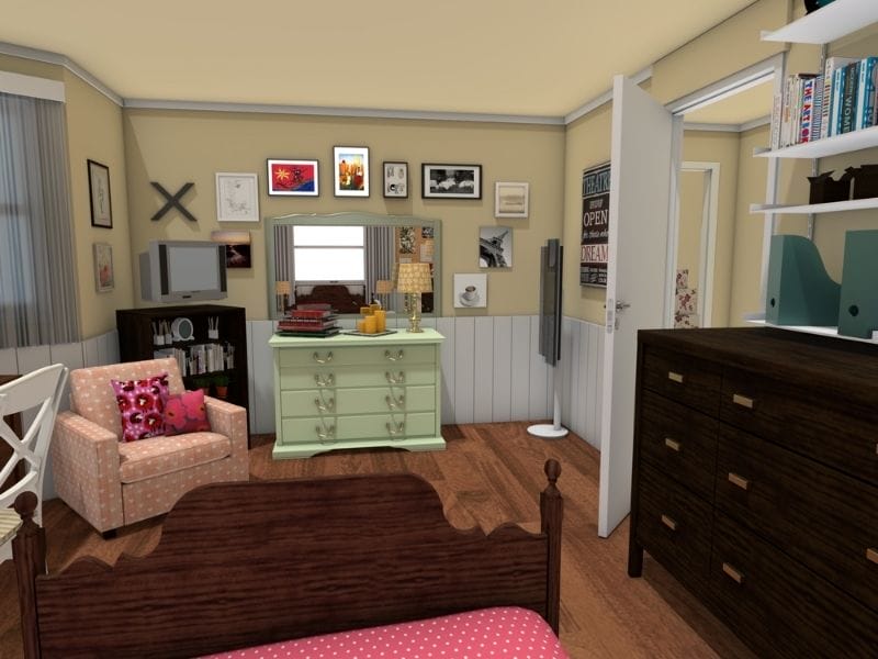 Rory's bedroom in Gilmore Girls seen from the bed rendered in 3D.