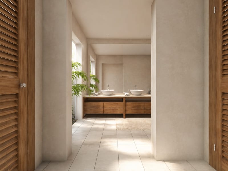 Organic modern bathroom viewed through wooden louvered doors, featuring a long double vanity, vessel sinks, neutral plaster walls, large floor tiles, soft natural light, and tropical plants.