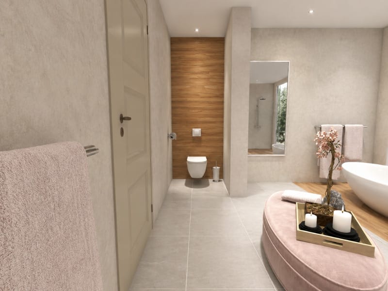 Organic modern bathroom with neutral textured walls, a wall-mounted toilet against a wood accent wall, freestanding bathtub, blush pink bench, candles, soft towels, and minimalist decor.