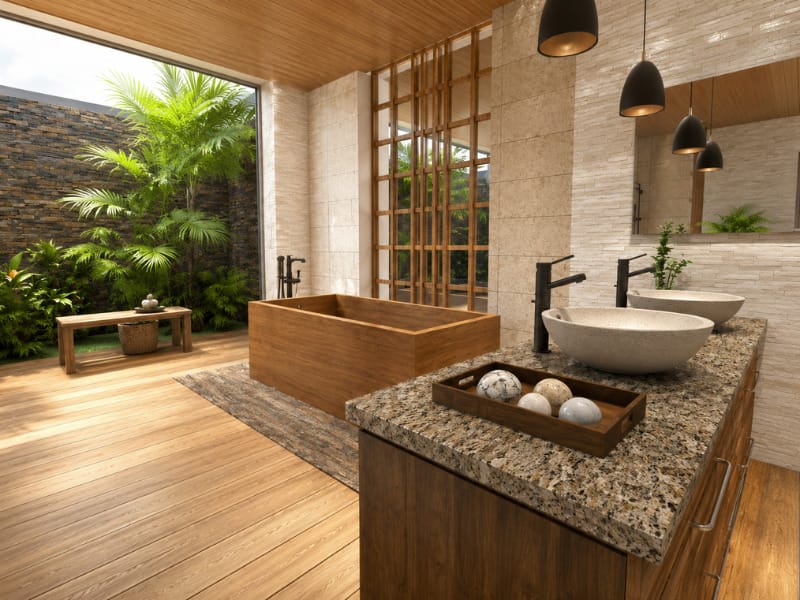 Tropical spa-style bathroom with a rectangular wooden bathtub, stone vessel sinks, granite double vanity, black pendant lights, wood-paneled ceiling, and an open view of lush greenery.