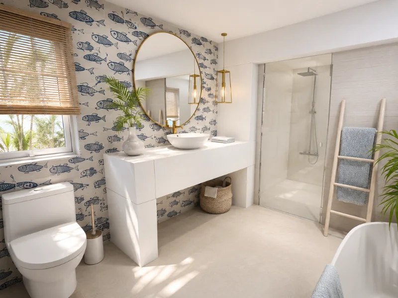 Bright coastal-style bathroom with blue fish-pattern wallpaper, a round brass-framed mirror, white vessel sink, glass shower, wooden towel ladder, woven accents, and soft blue towels.