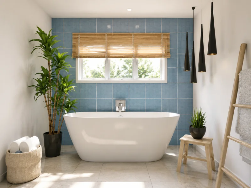 Bright Scandinavian spa-style bathroom with a freestanding white bathtub, blue tiled accent wall, bamboo blind, black pendant lights, natural wood accessories, and green plants.