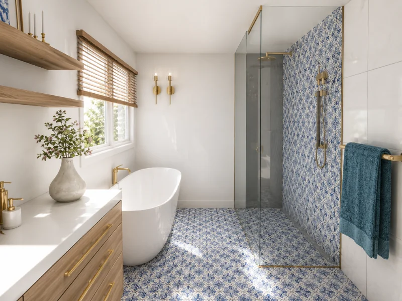 Bright Mediterranean-style bathroom with blue patterned floor and shower tiles, a freestanding white bathtub, glass walk-in shower, warm wood vanity, brass fixtures, and open shelving.
