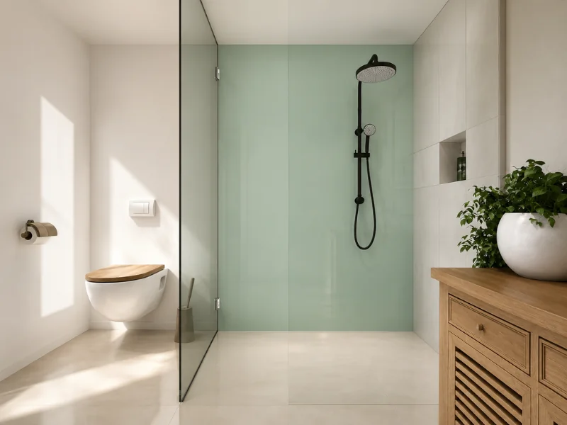 Minimal Japandi-style bathroom with a mint green walk-in shower, black rainfall fixture, wall-mounted toilet with a wooden seat, natural wood vanity, and potted greenery.