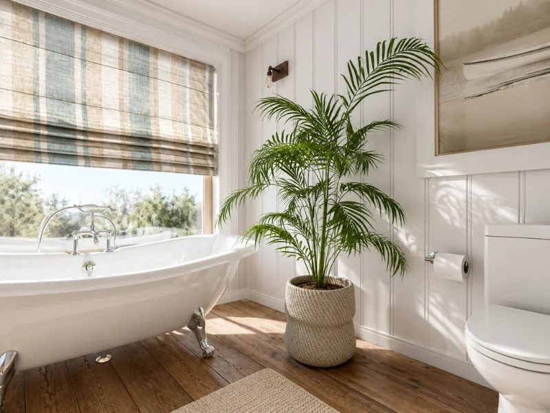 Bright coastal farmhouse bathroom with a white clawfoot tub, natural wood flooring, striped Roman shade, potted palm, white paneled walls, and soft neutral decor.