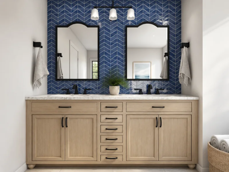 Transitional bathroom with a light wood double vanity, white countertop, twin black-framed mirrors, black fixtures, and a navy blue herringbone tile accent wall.