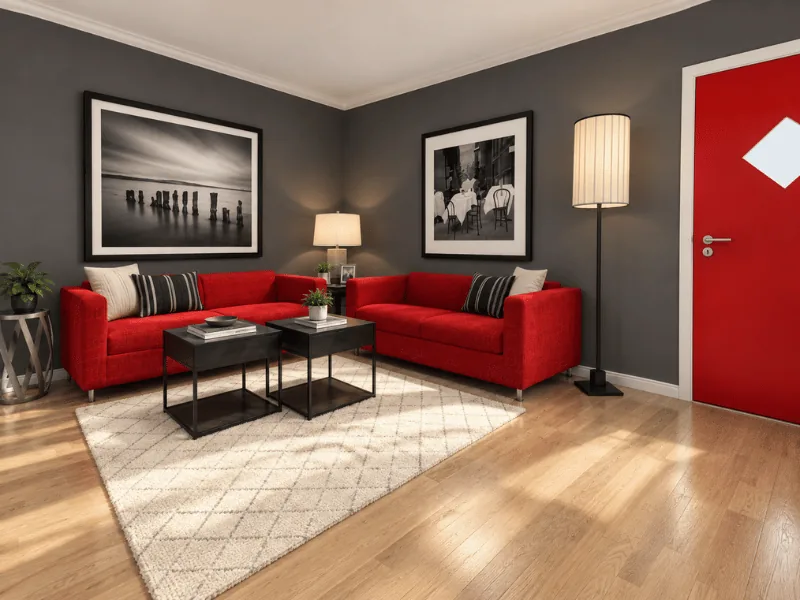 Living room with two red sofas, dark gray walls, black coffee tables, and a red front door.