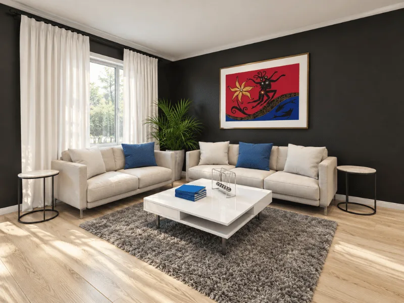 Living room with two cream sofas, blue accent pillows, black walls, a white coffee table, and a gray shag rug.