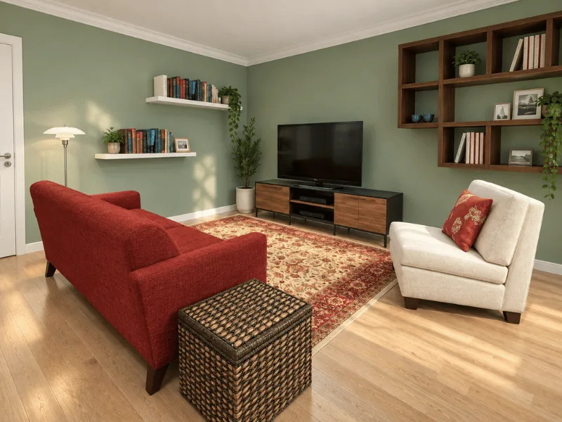Living room with sage green walls, red sofa, cream armchair, TV console, wall shelves, and patterned rug.