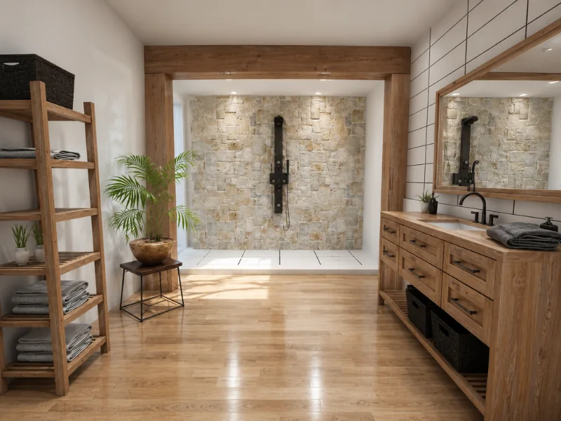 Rustic contemporary bathroom with a stone walk-in shower, warm wood vanity, large framed mirror, open shelving, black fixtures, wood flooring, and potted greenery.
