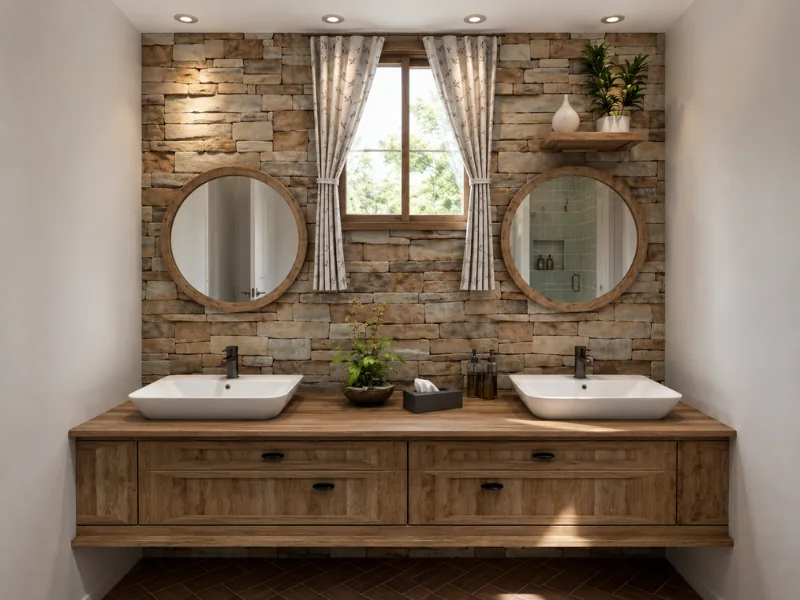 Rustic farmhouse bathroom with a long wooden double vanity, two vessel sinks, round wood-framed mirrors, a stacked-stone accent wall, curtained window, and warm recessed lighting.