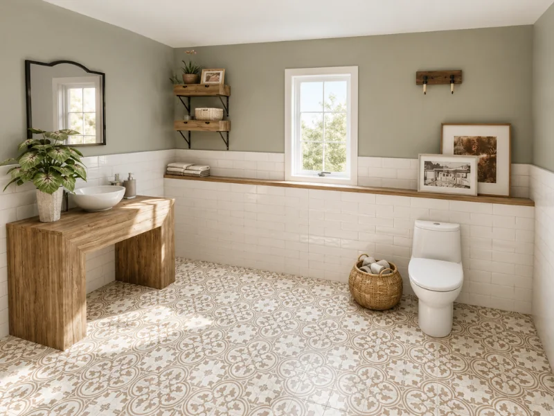 Bright modern farmhouse bathroom with a rustic wood vanity, white vessel sink, sage green walls, subway tile wainscoting, patterned floor tiles, floating shelves, and woven storage baskets.