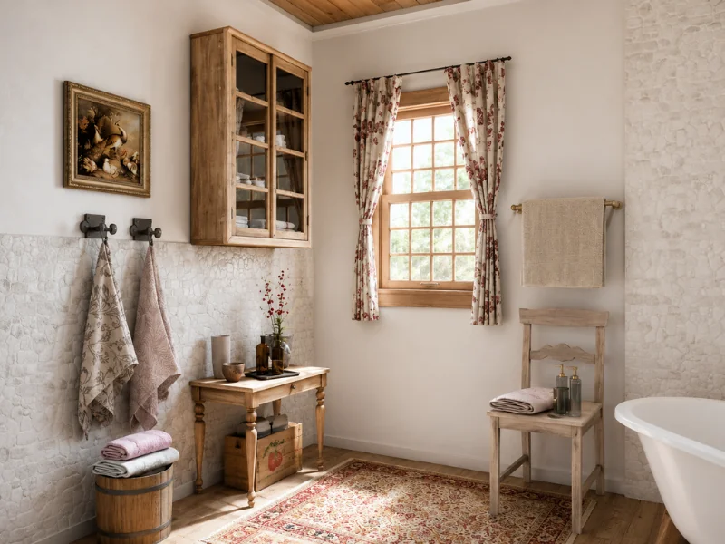 Rustic French country bathroom with distressed wood furniture, floral curtains, textured white walls, vintage artwork, patterned rug, folded towels, and a freestanding bathtub.
