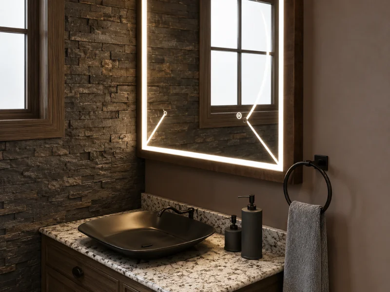 Moody industrial-style bathroom with a dark stacked-stone accent wall, black vessel sink, granite countertop, wood vanity, illuminated mirror, and matte black accessories.