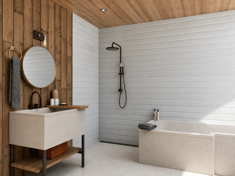 Rustic Scandinavian bathroom with warm wood-paneled walls and ceiling, white shiplap, a stone-look vanity and bathtub, black shower fixtures, a round mirror, and minimalist decor.